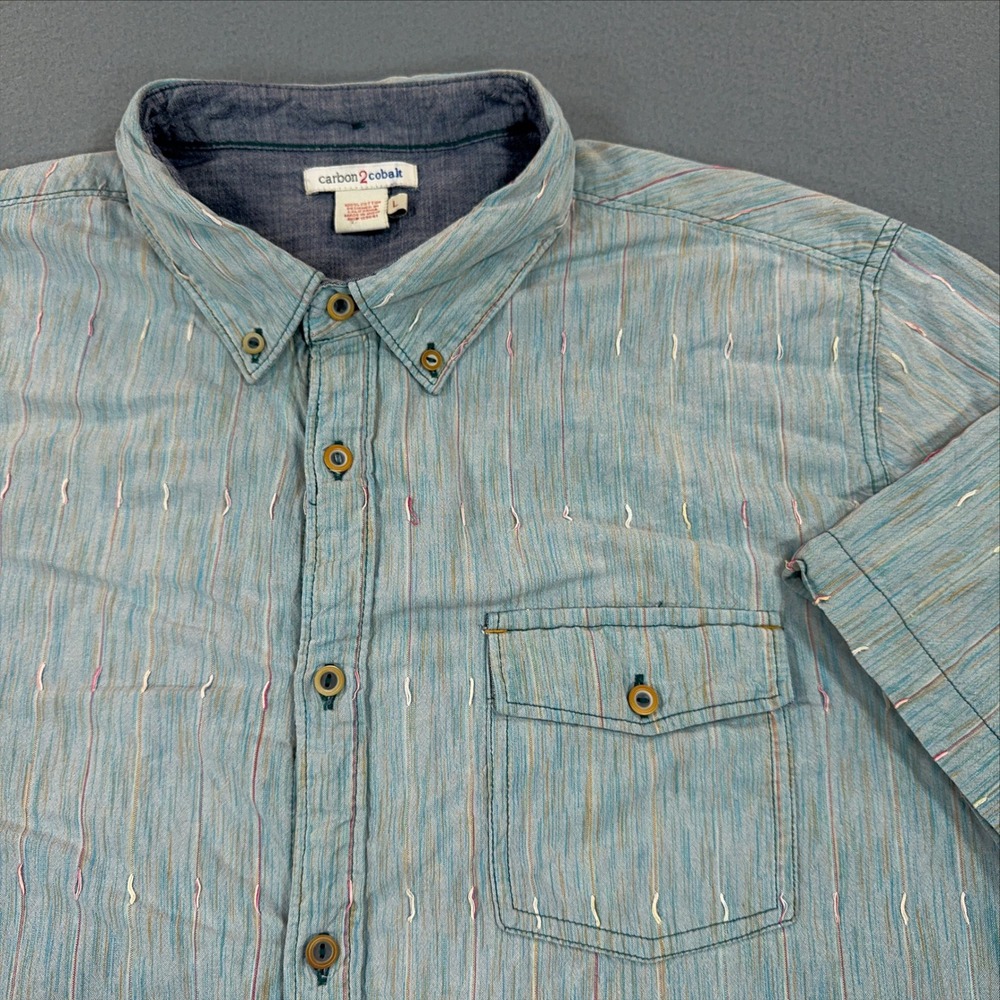 Carbon 2 Cobalt Mens Large Blue Striped Short Sleeve Cotton Button Down Shirt